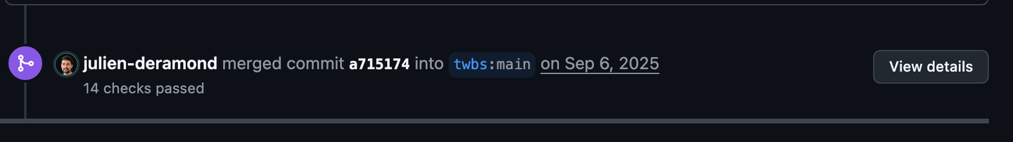 The merge event of pull request 41691: commit a715174 merged into twbs:main on September 6, 2025, 14 checks passed.