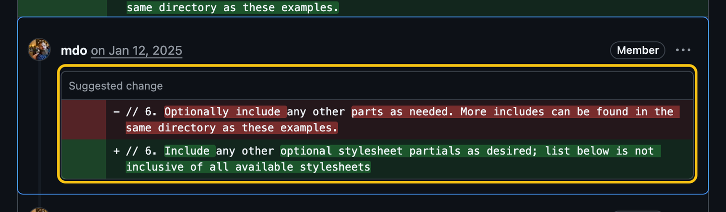 A review comment by mdo with a Suggested change block replacing one line of the Sass docs.