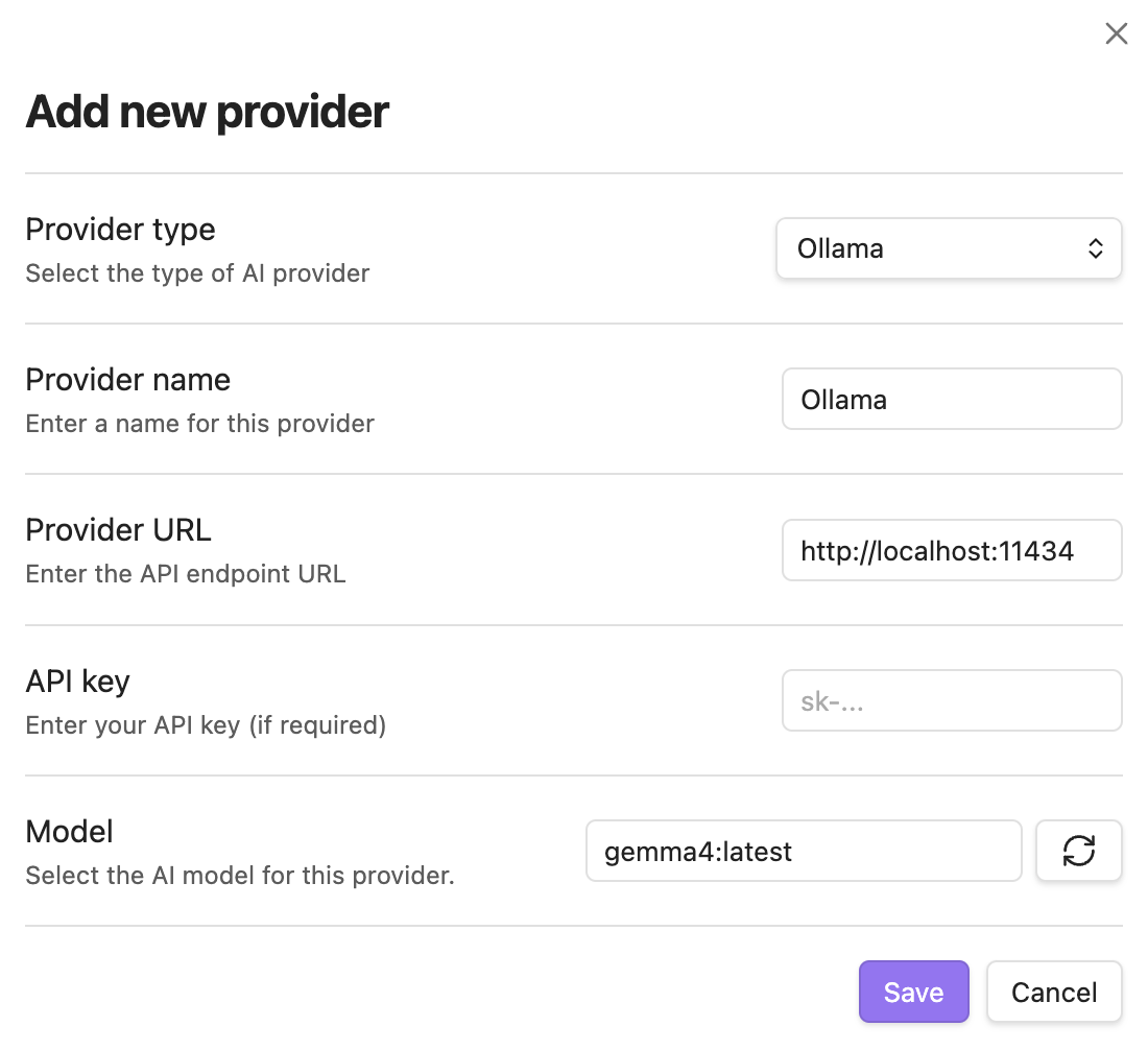 The “Add new provider” dialog: type Ollama, URL http://localhost:11434, model gemma4:latest.